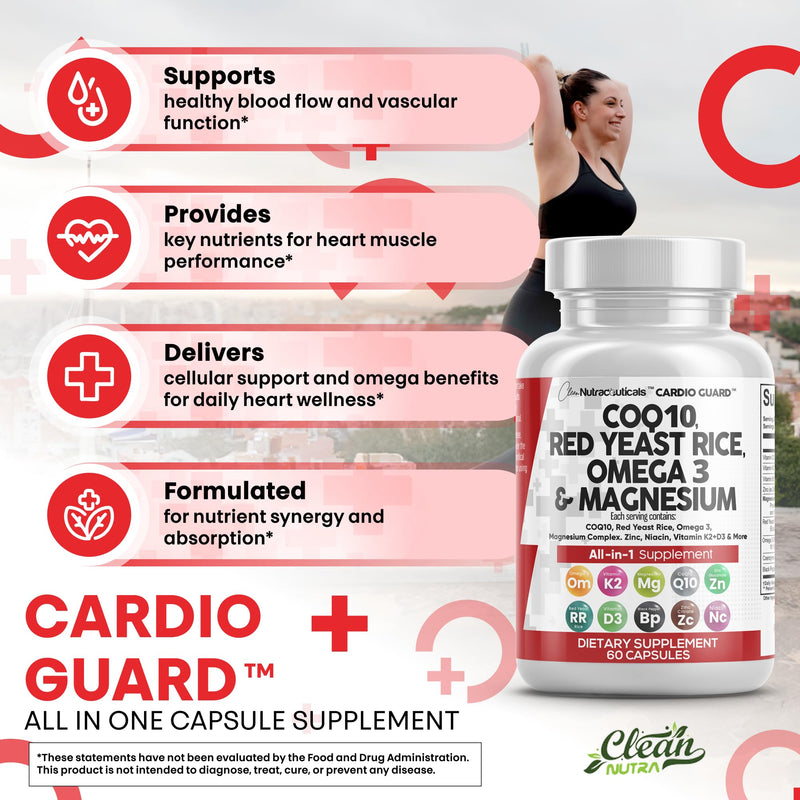 Clean Nutraceuticals COQ10 200mg Red Yeast Rice Flax Seed Magnesium Blend Niacin Zinc Vitamin K2 D3 - Heart Support Vitamins for Women & Men w/Vitamin B3, Coenzyme Q10-60 Ct (Pack of 2) 60 Count (Pack of 2)
