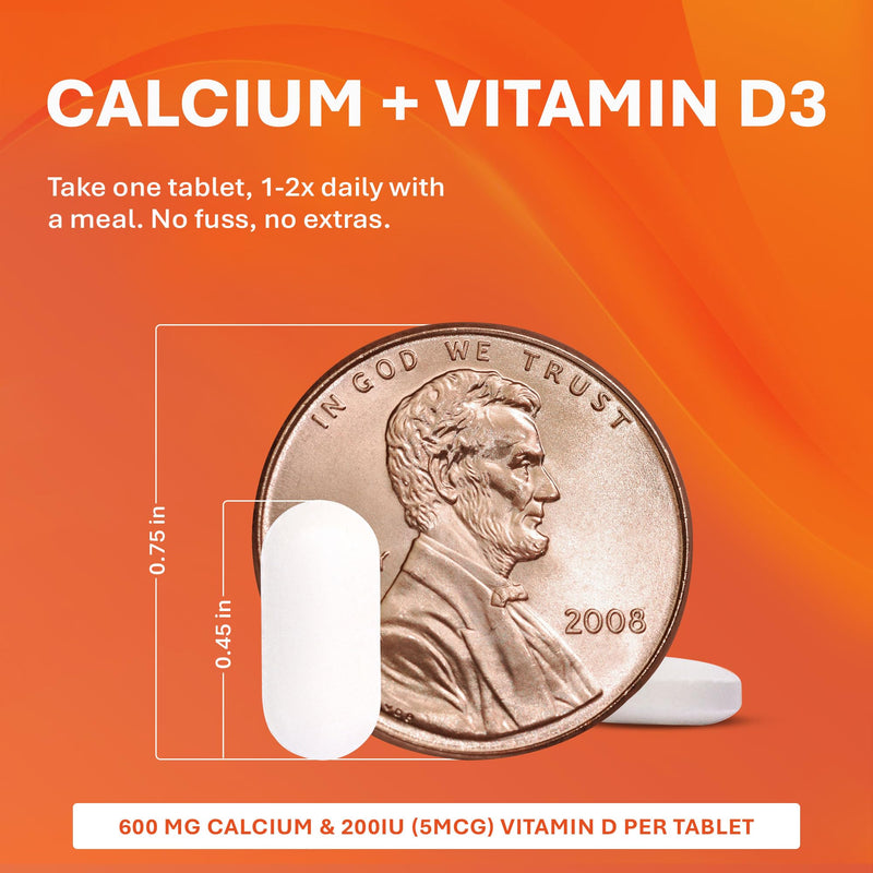 Rugby Calcium 600 mg + Vitamin D3 200IU (5 mcg) Tablets, 60 Count | Gluten-Free Dietary Supplement for Bone Health and Calcium Absorption, No Artificial Colors, Flavors and Preservatives