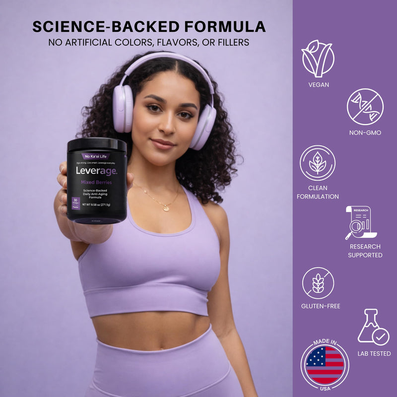 Leverage Mixed Berries Anti–Aging Supplement & Longevity Mix - Daily Wellness Multivitamin Powder with Hyaluronic Acid, L-Glycine & Magnesium for Skin, Energy, Cognitive Function & Joint–30 Servings
