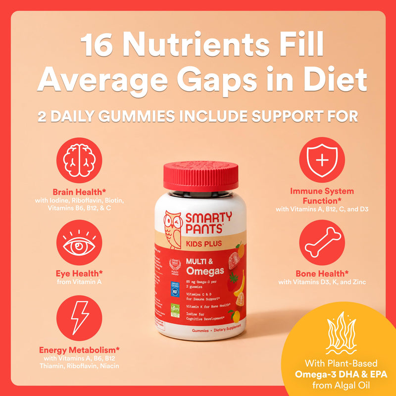 SmartyPants Kids Multivitamin Gummies, Omega 3 (DHA/EPA), Vitamins D3, C, B12, B6, Vitamin A, K & Zinc, Gluten Free, Three Fruit Flavors, 80 Count (40 Day Supply) 80 Count (Pack of 1) Three Fruit - 40 Day Supply