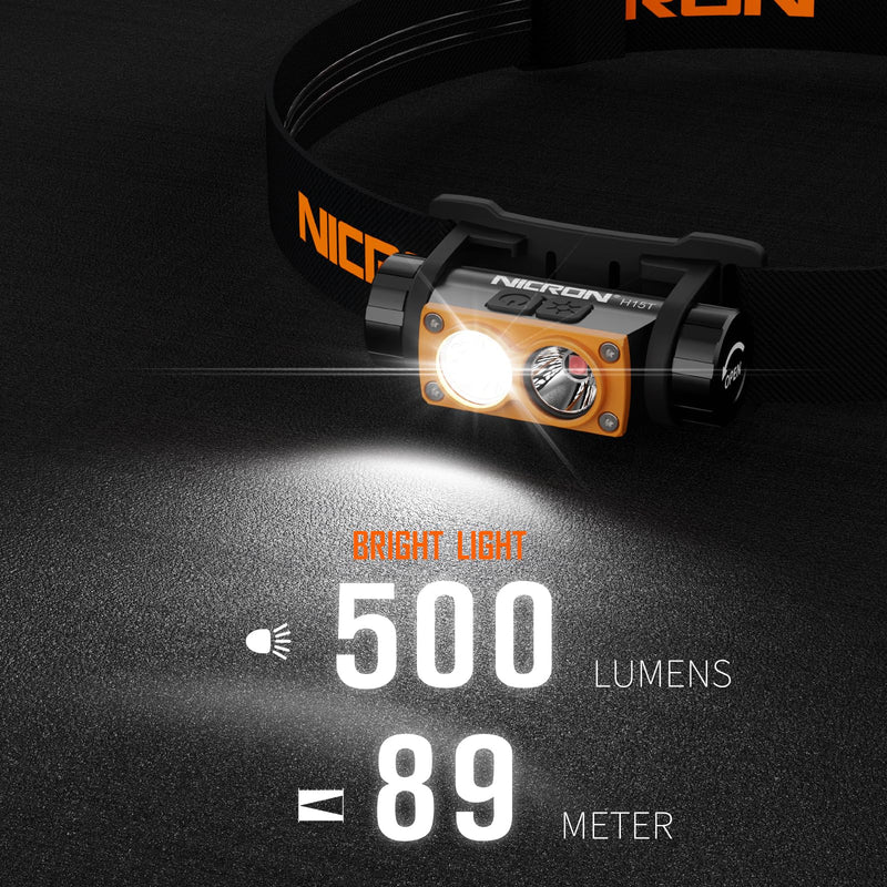 NICRON H15T Headlamp Rechargeable, 500 Lumens LED Headlamp with Red Light, IP67 Waterproof 8 Modes Head Leamps for Camping Running Fishing Adults Black - BeesActive Australia