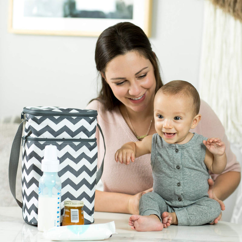J.L. Childress 6 Bottle Cooler, Insulated Breastmilk Cooler & Lunch Bag for Baby Food & Bottles, Leak-Proof & Heat-Sealed, Ice Pack Included, Grey/Teal Clover (3105GY-CL) Grey Chevron - BeesActive Australia