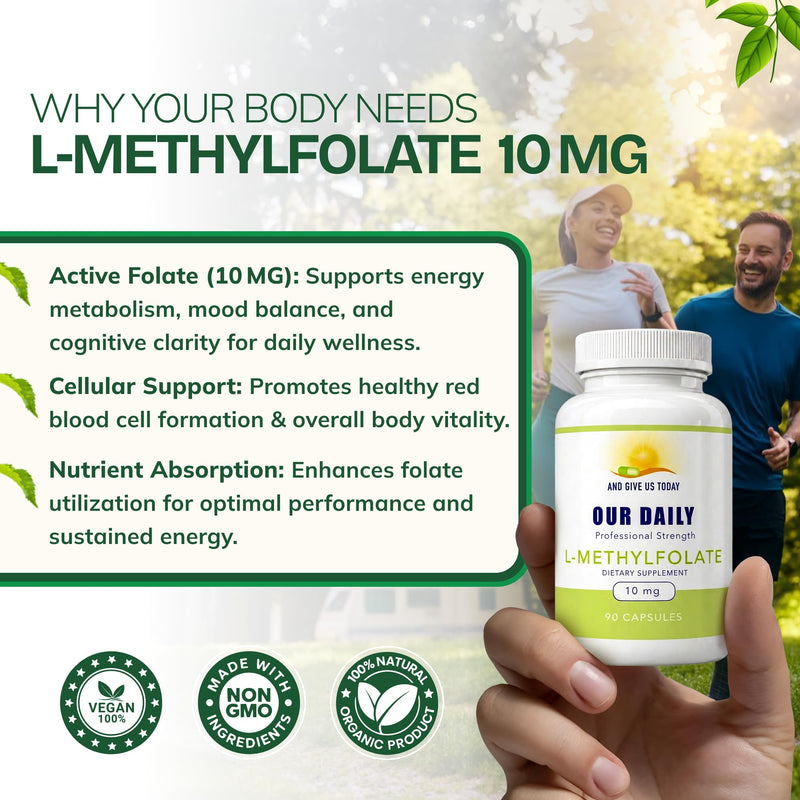 Our Daily Vites L-Methylfolate 10 mg Maximum Strength Active Folate, 5-MTHF, Filler Free, Gluten Free, Non-GMO, Vegetarian Capsules 90 Count (3 Month Supply) (90)