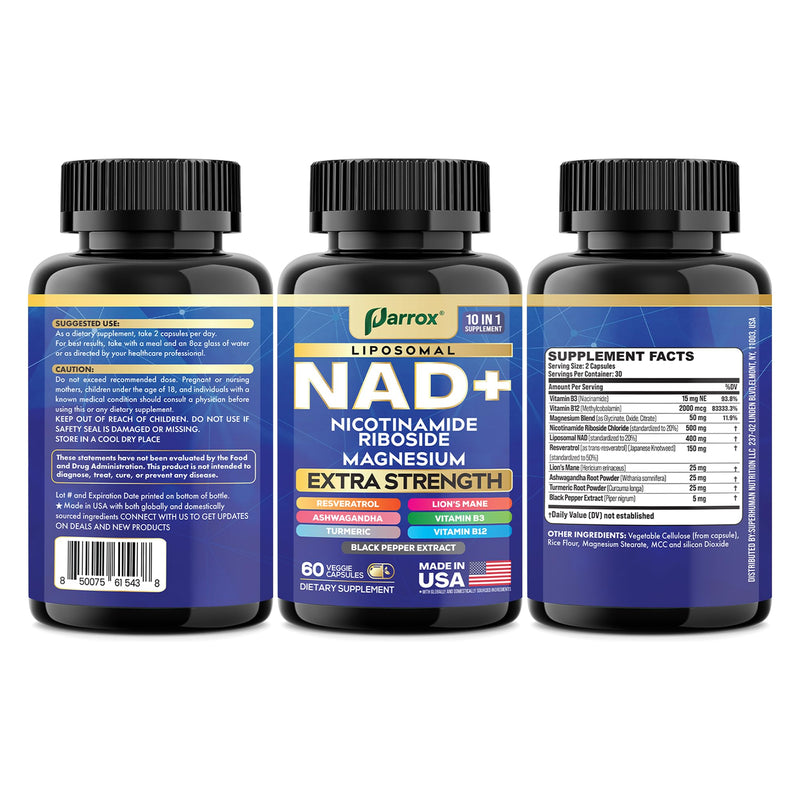 NAD+ Supplement, Liposomal Nicotinamide Riboside, 10-in-1, 60 Capsules | Nicotinamide Riboside, Magnesium, Vitamins B3 & B12, Resveratrol, Turmeric, Ashwagandha & Lion's Mane 60 Count (Pack of 1)