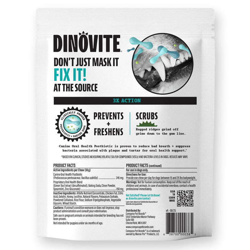Dinovite Dental Chews for Dogs, Triple Action Dental Dog Treats for Small Breeds, Clinically Proven to Prevent Plaque & Tartar While Freshening Breath, Fresh Mint Flavor, Made in USA, 30 Count Small Dogs (15-25 lbs)