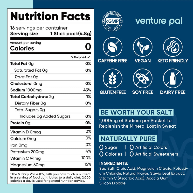 Venture Pal High Sodium Sugar Free Electrolytes Powder Packet, 16 Sticks | Hydration Packets with Vitamin, Sodium & Potassium, Zero Calories, Vegan, Keto & Paleo Friendly Electrolyte Drink Mix 0.21 Ounce (Pack of 16) V1-Variety Salt