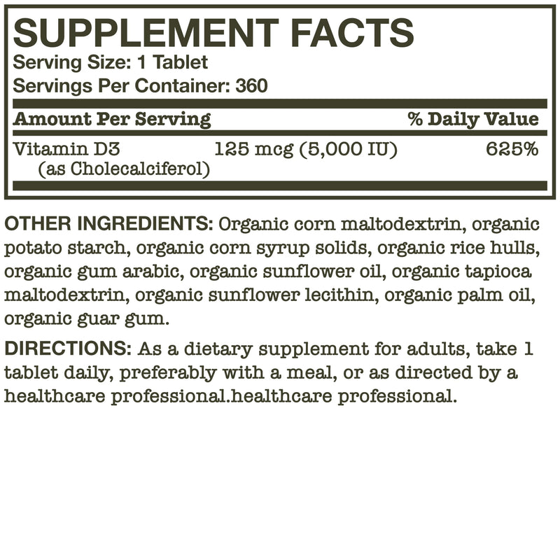 Futurebiotics Vitamin D3 5,000 IU (125 MCG), USDA Certified Organic Vitamin D Supplement, 360 Tablets