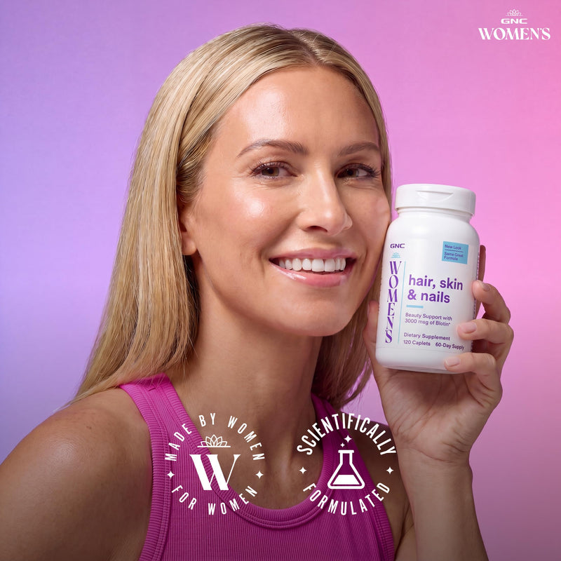 GNC Women's Hair, Skin & Nails, Nutrient Rich, 120 Count, 60 Servings | Vitamin A Supports Skin Cell Renewal, Vitamin C Aids Collagen Synthesis, Biotin Supports Hair and Nail Strength, Gluten-Free