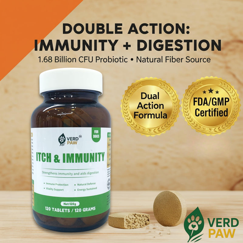 VERDPAW Itch & Immunity Tablets for Dog Allergy Relief & Dog Itchy Skin Relief, Helps Reduce Scratching, Paw Licking & Seasonal Allergy, Supports Gut Health & Natural Immune Function, 120 Tablets