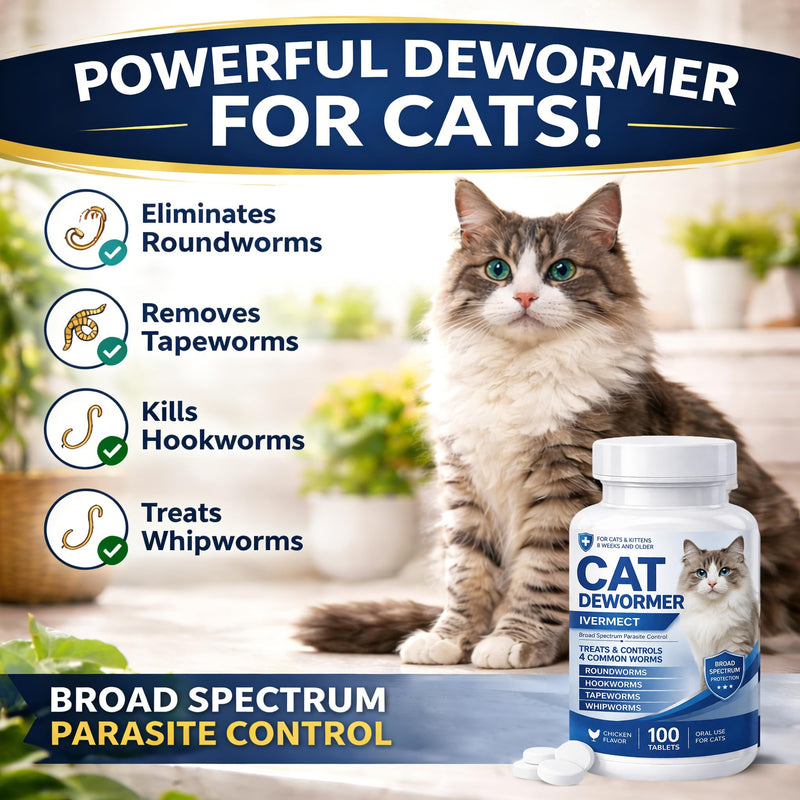 Cat Dewormer, Dewormer for Cats & Kittens, Broad Spectrum Tablets for Tapeworms, Roundworms & Hookworms, Promotes Digestive Comfort & Daily Balance, 100 Tablets