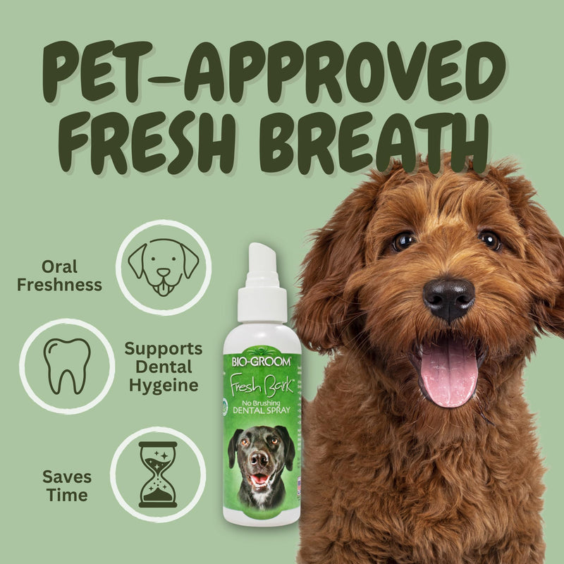 Bio-groom Fresh Bark Dog Breath Freshener - No Chew Dental Spray for Dogs & Cats, Teeth Cleaning Oral Care for Plaque & Tartar, No Brushing Required, Made in the USA - Mint, 4 fl oz 4 Fl Oz (Pack of 1)