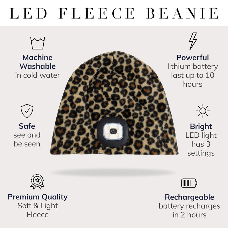 HEAD LIGHTZ by ROQ Innovation - Fleece Beanie Hat with LED Light - Cap for Winter Safety, Unisex Fits Men, Women, Kids Headlamp for Dog Walking Leopard