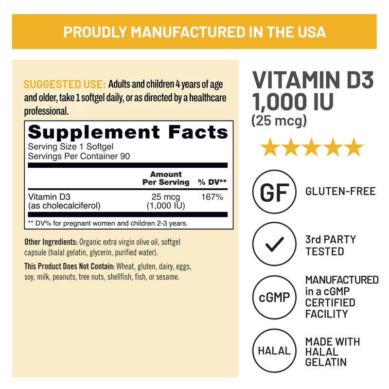 NatureWise Vitamin D3 1000IU Supplement, Immune Support, 90 Mini Softgels | 25mcg Vitamin D3 Supplement - Organic Extra Virgin Olive Oil - Supports Bone Health & Muscle Function - 90-Day Supply 90 Count (Pack of 1) 1000 IU