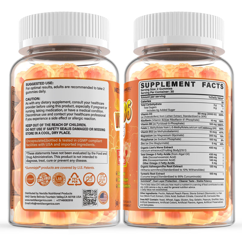 Vitamin B6 Gummies 100mg (P-5-P) + Methyl B12 & Folate, High Potency with Magnesium, Omega-3, Riboflavin, Lion's Mane, Zinc for Cognitive, Nḙrve, Energy, and M♡od & Immune Support, Sugar Free 60 Cts 60 Count (Pack of 1) Vitamin B6 Gummies