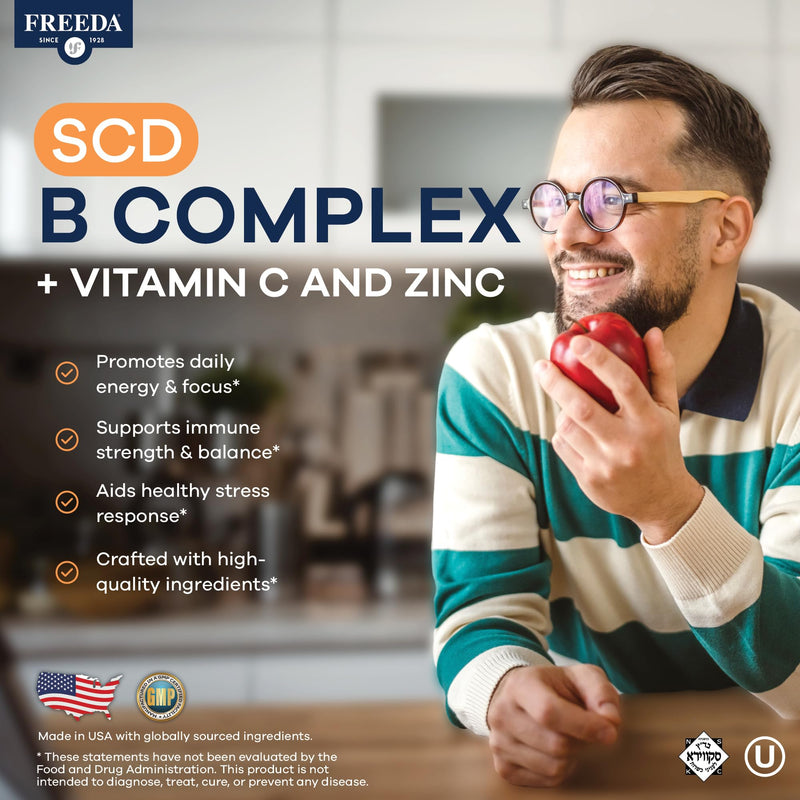FREEDA Vitamin B Complex with Vitamin C & Zinc – 60 Capsules | Supports Energy & Metabolism with Active B12, Methylfolate, B1–B6, Biotin, Choline - Vegan, Kosher, SCD Legal 60 Count (Pack of 1)