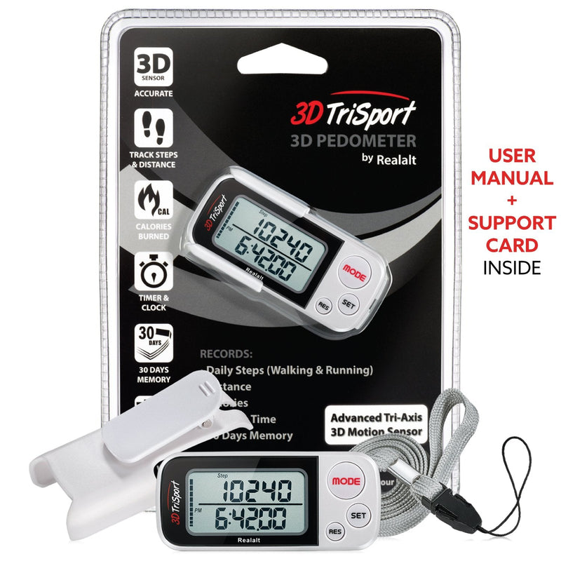 Realalt 3DTriSport 3D Walking Pedometer with Clip & Strap, Accurate Step Counter with 30-Day Memory, Distance in Miles/KM with Large Display Perfect for Seniors & Beginners, eBook Included One Size White