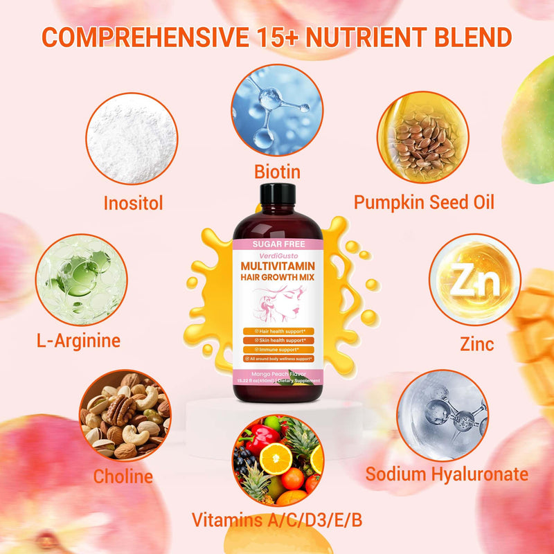 Liquid Multivitamin with 15+ Essential Nutrients | Hair Growth | Sugar-Free Multivitamin for Women & Men | Supports Hair, Skin & Nails Health | Mango Peach Flavor, 22 Servings