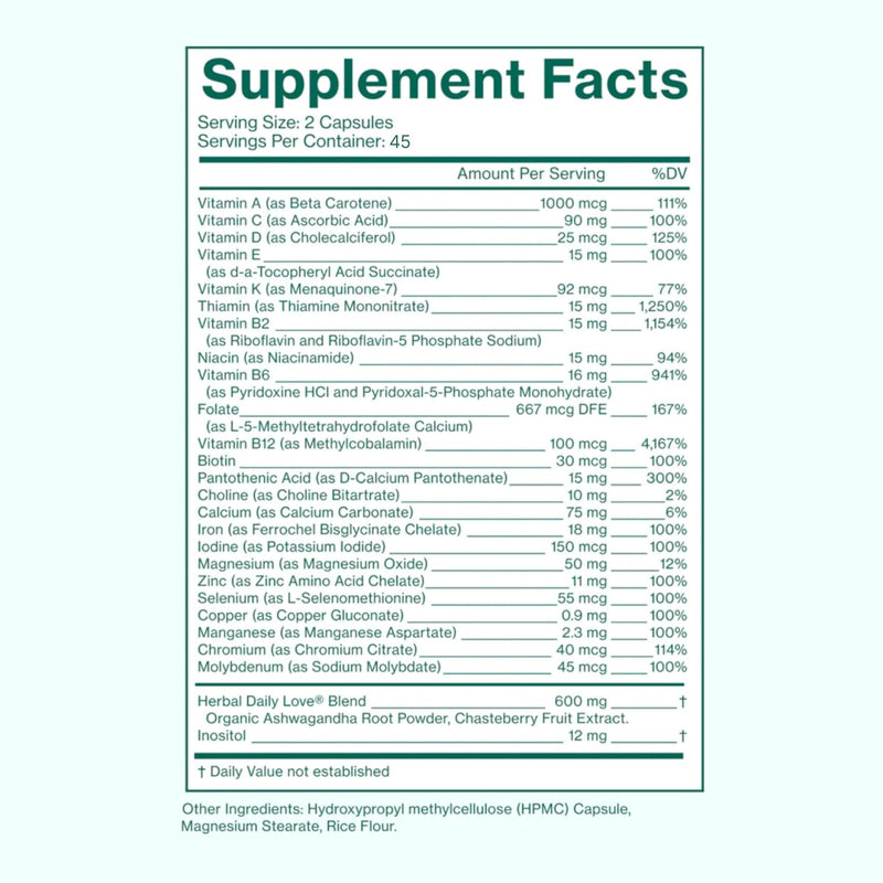 Love Wellness | Daily Love Multivitamin for Women | 45-Day Supply Capsules | Women's multivitamin, Contains Vitamin C, D, Iron, Calcium, Zinc, Biotin, Magnesium, 90 capsules, Easy to take