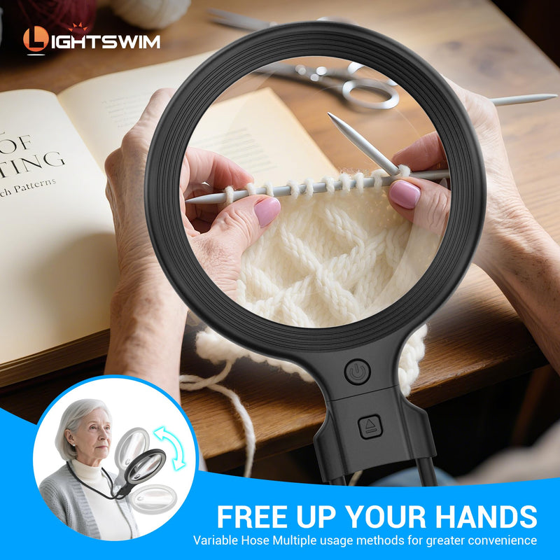 Neck Wear Magnifying Glass with Light for Close Work, 5.5 Inch 5X Handheld Lighted Magnifier for Reading Books, Included 2PCS Upgrade 10X Small Magnify Glasses with Protective Sheath