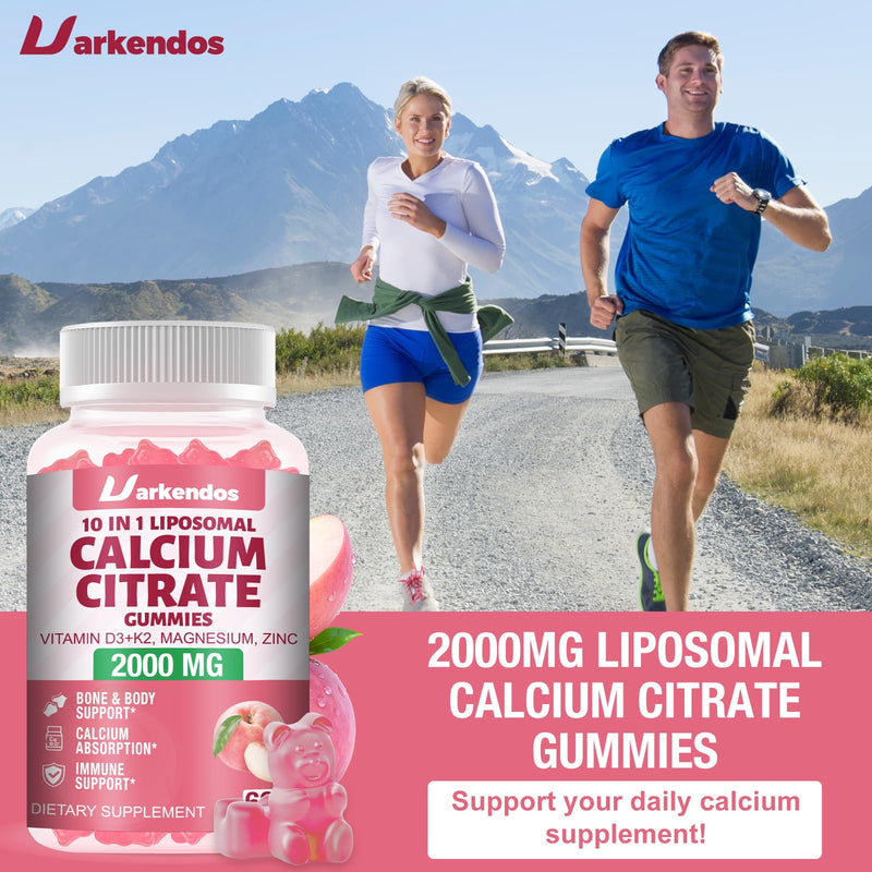 Liposome 2000MG Calcium Citrate with Vitamin D3 K2, Magnesium, Zinc and VC, 10-in-1 Calcium Gummies for Women and Men, Bone, Muscle, Immune Support & High Absorption, Peach Flavor Gummies, 2 Pack