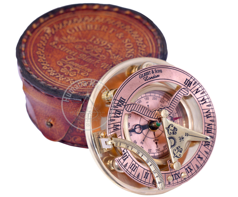 Humaira Nautical Vintage Brass Sundial Compass with Copper Dial & Leather Box Handmade Sun Clock Maritime Navigation Compass Gift - BeesActive Australia