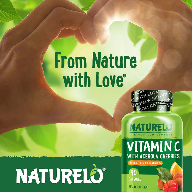 NATURELO Vitamin C 500 mg, Immune Support, Vegan, 180 Capsules | Organic acerola cherry extract, citrus bioflavonoids, Non-GMO, 500 mg VIT C per Cap 180 Count (Pack of 1)