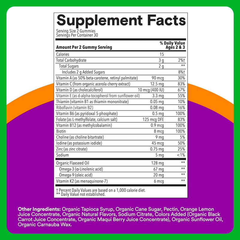 SmartyPants Toddler Organic Multi & Omegas Multivitamin Gummies with Omega 3 ALA, Vitamins D3, C, B12, B6, A, K, Zinc, Biotin, Clean Label, Mixed Berry and Cherry Flavors, 60 Gummies (30 Day Supply) 60 Count (Pack of 1) Organic + Omega