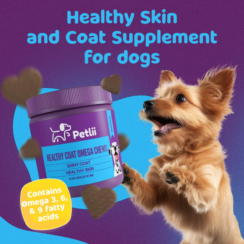 HEALTHY COAT OMEGA CHEWS - 120 Duck flavour Chews for Skin and Coat health. Omega 3, 6, 9, Biotin, Zinc, Fish Oils and Vitamins to relieve itching, allergies, dryness, patchiness and shedding