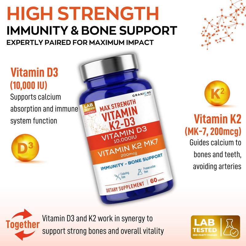 Granions Max Strength Vitamin D3 K2 Supplement - 250mcg (10,000 IU) D3 + 200mcg Vitamin K2 (MK-7) - Vitamins for Bone Health, Immune Support Supplements VIT K2D3-2 Month, 60 Tablets 60 Count (Pack of 1)