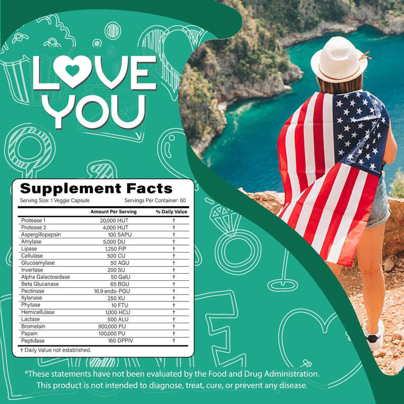 Love You 18 Enzyme Complex – Broad Spectrum Digestive Support with Amylase, Bromelain and Papain – Promotes Nutrient Absorption and Healthy Digestion, 60 Veggie Capsules