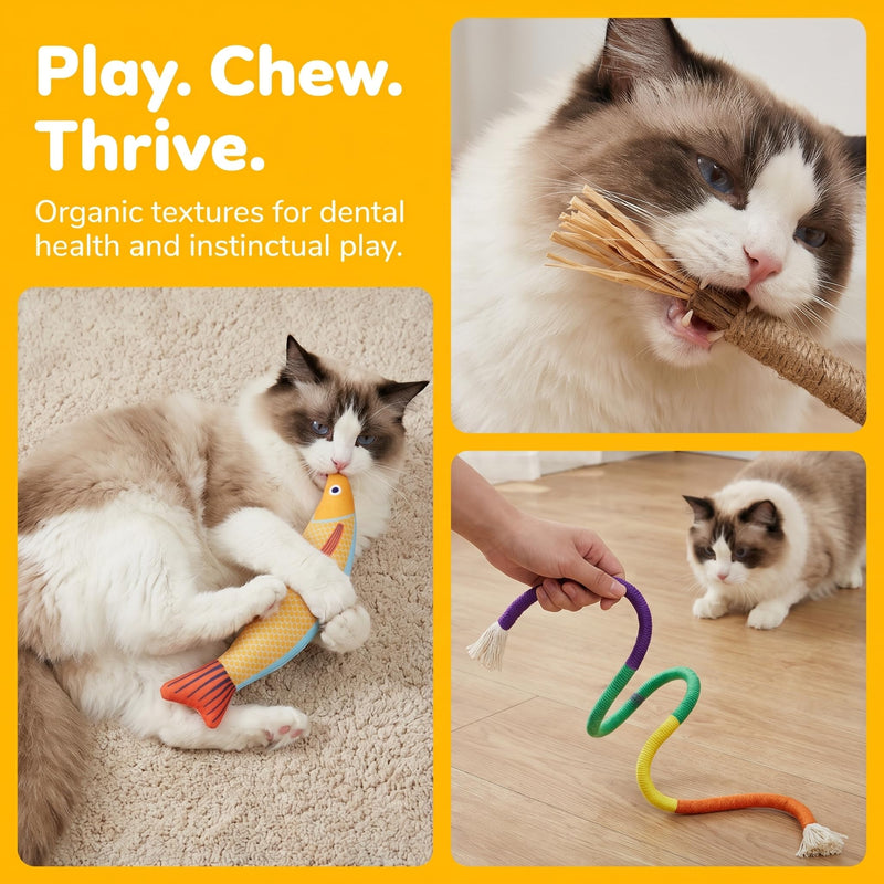 Cat Toys Chew Ropes & Natural Silvervine Sticks Cat Toys & Saury Fish Cat Chew Toys, Safe Dental Care Teeth Cleaning Toy for Indoor Cats Kittens, Interactive Catnip Kitty Toys for Aggressive Chewers