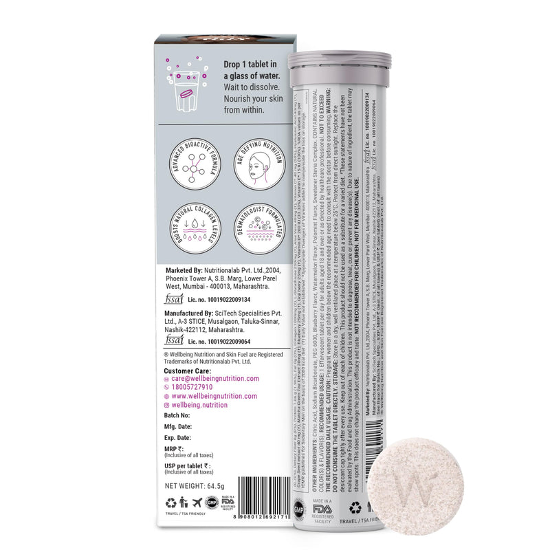 WELLBEING NUTRITION Skin Fuel with Collagen, L-Glutathione, Hyaluronic Acid, Matcha Green Tea, Aloe Vera, Grape Seed, Vitamin C, E - 30 Effervescent Tablets