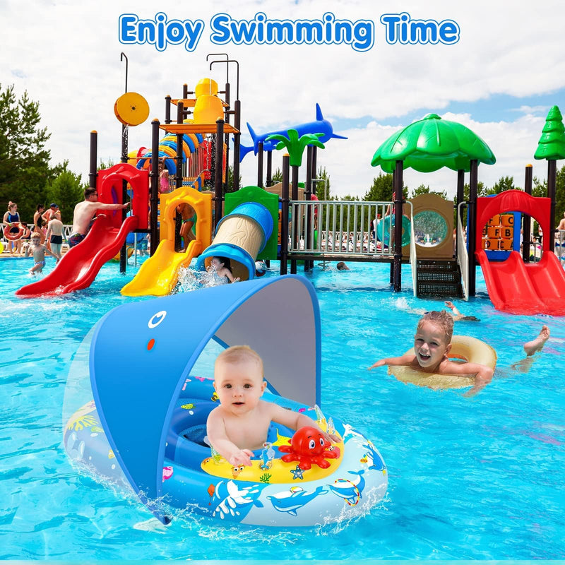 EZIGO Baby Pool Float with Canopy UPF50+ Sun Protection, Inflatable Kids Pool Floats with Ocean Animal Toys for Baby 6-36 Months, Infant Swimming Float with Adjustable Safety Seat for Boys Girls blue - BeesActive Australia
