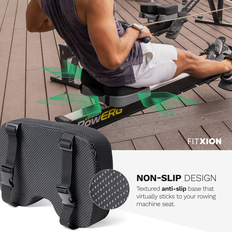 Rowing Machine Seat Cushion – Ergonomic Tail Bone Comfort Memory Foam Pad for Concept 2, Water Rower, Peloton or Recumbent Bike. Anti-Slip Base, Buckled Straps for Indoor Rowing Workouts