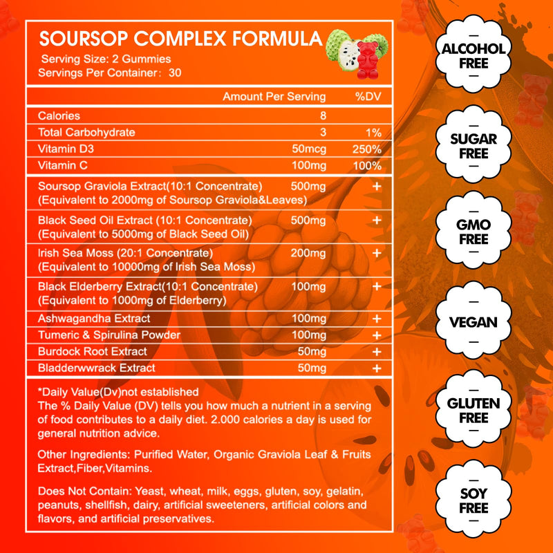 (2 Pack) Soursop Graviola with Sea Moss Gummies, 10-in-1 Soursop Gummies with Vitamin C, Zinc for Immunity and Antioxidant, Gluten Free, Vegan 120 Gummies Strawberry Gummies 2pack