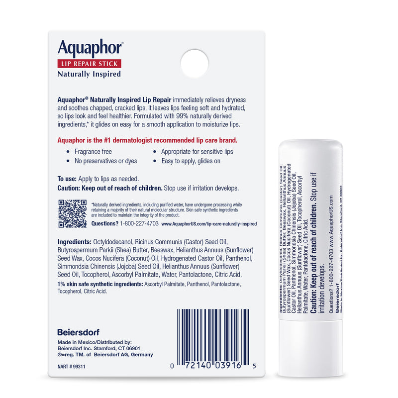Aquaphor Naturally Inspired Lip Repair Stick with Coconut Oil and Natural Shea Butter, Hydrating Lip Balm Immediately Relieves Dryness, 0.17 Oz Stick 0.17 Ounce (Pack of 1)