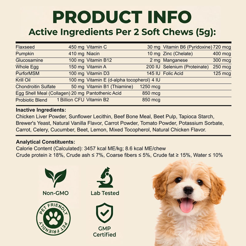 Dog Multivitamin Chewable - Vitamins and Supplements - Dog Daily Vitamin with Glucosamine Probiotics Omega-3 for Coat Hip Joint Heart Digestive Immune Health Support, Chicken Flavor, 120Ct 120 count