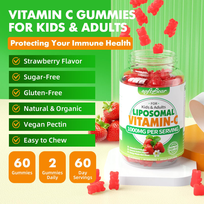 softbear Liposomal Vitamin C Gummies for Adults & Kids 1000mg, Chewable Vitamin C Supplement for Immune Support, Vegan/Organic/Sugar Free VIT C Gummies, Strawberry Flavor 60 Count 60 Count (Pack of 1)