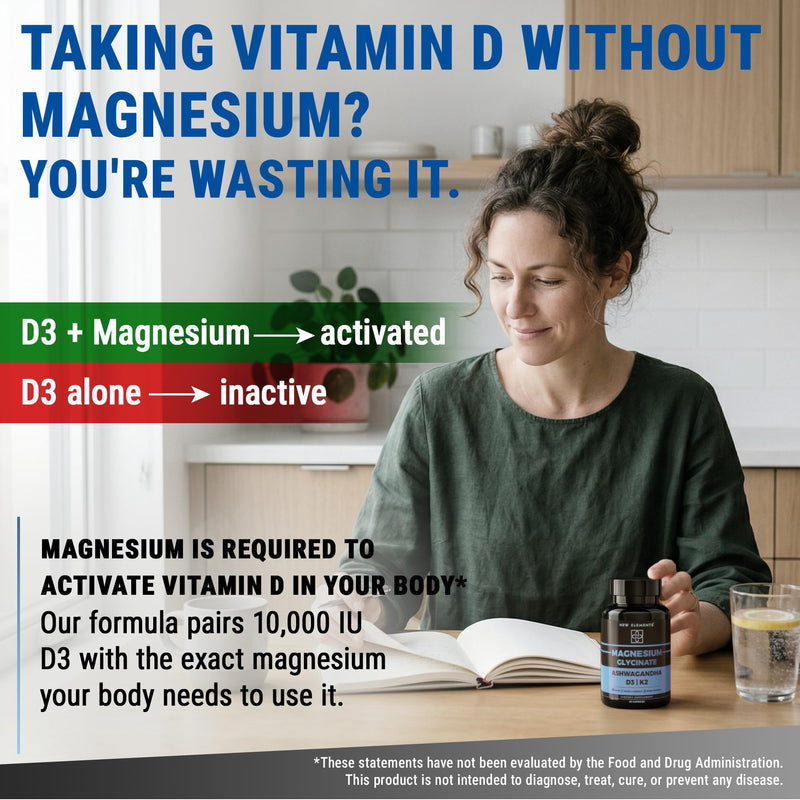 Magnesium Glycinate 1500mg with Ashwagandha 300mg + Vitamin D3 10,000 IU & K2 (MK-7) 200mcg – Stress Relief, Calm Mood & Bone Support – High Absorption Vegan Capsules – Non-GMO