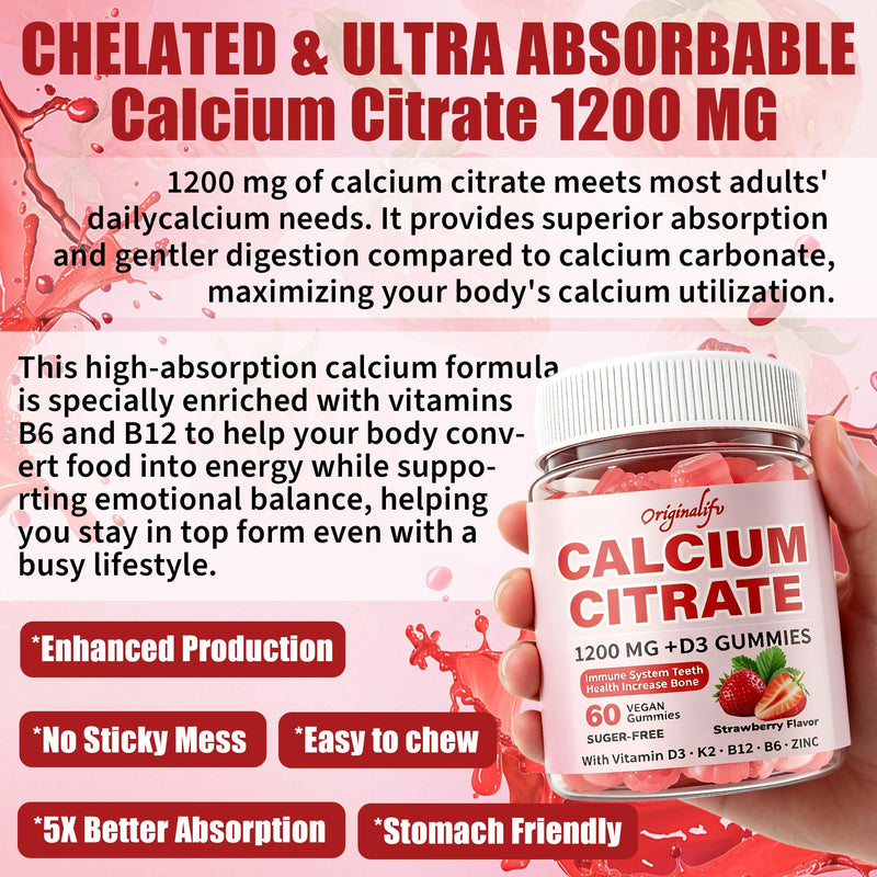 6-in-1 Calcium Gummies 1200 mg with Vitamin D3, K2, Pack of 1 | High Absorption B6,B12 & Zinc, Bone Density & Hormonal Support, Sugar-Free Vegan, Natural Strawberry Flavor