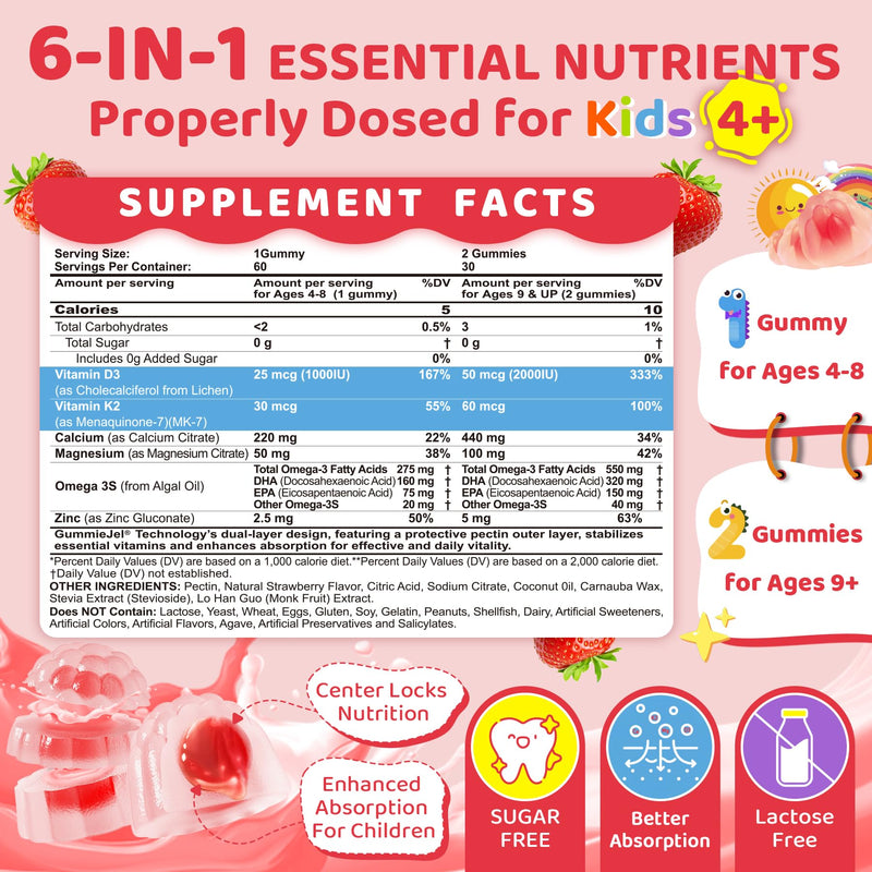 Vitamin D3 K2 + Calcium Liquid-filled Gummies for Kids & Teens, 1000IU / 2000IU D3 with Magnesium, Algal Omega 3, Kids Vitamins for Bones & Teeth, Calcium Absorption, Brain, Immune, Sugar-Free, 60Cts 60 Count (Pack of 1)