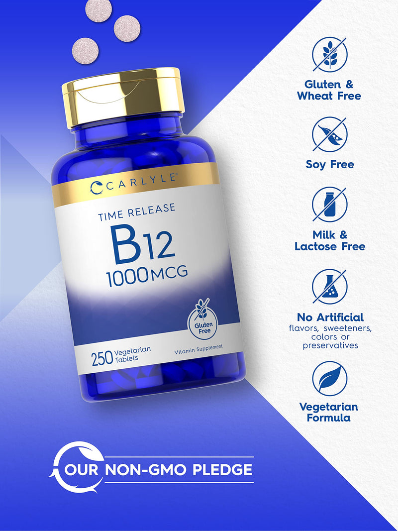 Carlyle B12 Vitamin 1000 mcg | 250 Count | Time Release Tablets | As Cyanocobalamin | Vegetarian, Non-GMO & Gluten Free Supplement 250 Count (Pack of 1)