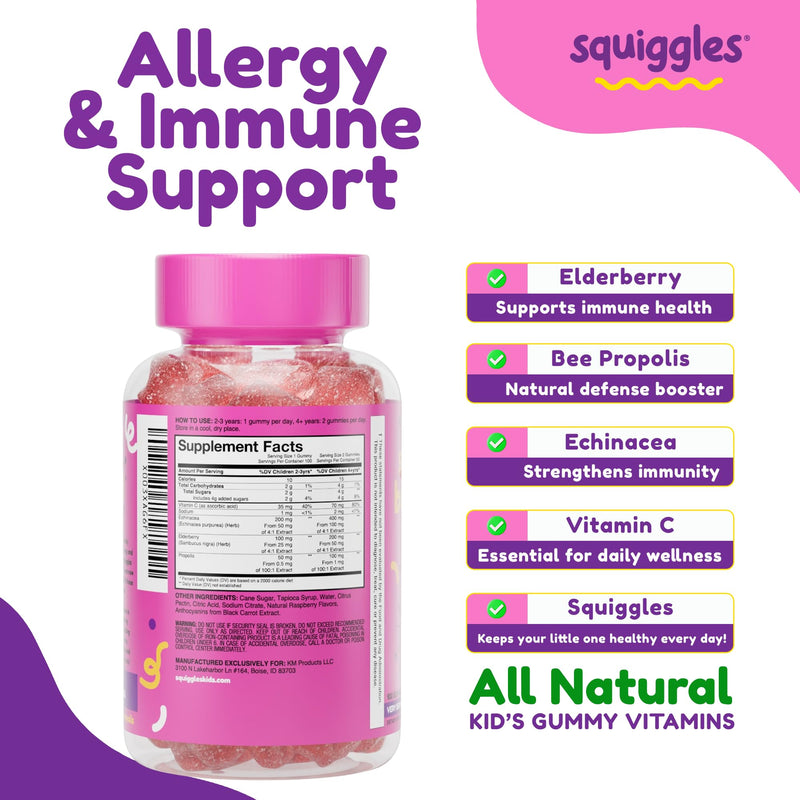 Squiggles Sniffle Berries Elderberry Gummies for Kids Immune Support, 100ct | Kids Immunity Gummies with Bee Propolis & Echinacea, Chewy Elderberry Kids Gummy Vitamins for Health, Toddler Immune Booster