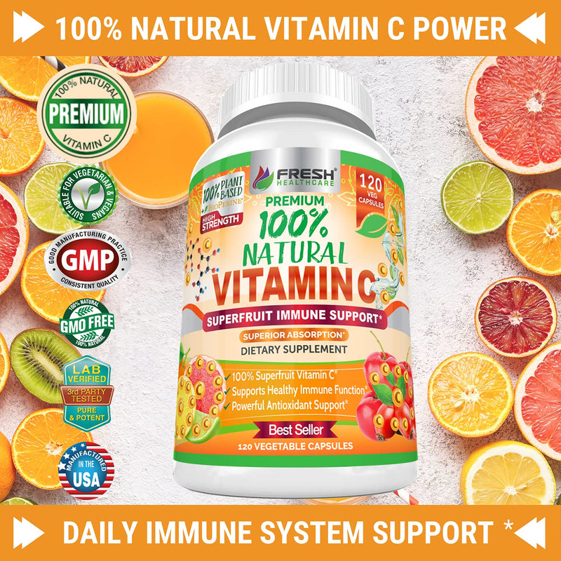 Fresh Healthcare Vitamin C 500mg Capsules, Whole Food Natural Supplement from Rose Hips, Acerola Cherry and Camu Camu with Citrus Bioflavonoids and BioPerine for Immune Support, 120 Vegan Pills