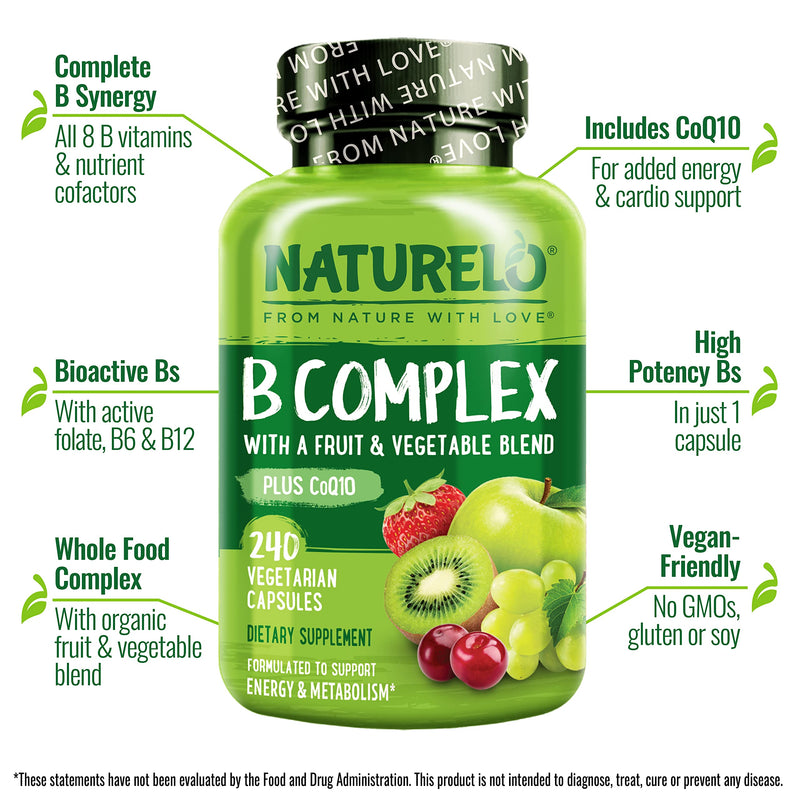 NATURELO Vitamin B Complex, 240 Capsules, Vegan, CoQ10, Methyl Folate | Biotin, Fruit & Vegetable Blend, Supports Energy And Healthy Stress Response, Super B Complex Vitamins for Women and Men 240 Count (Pack of 1)