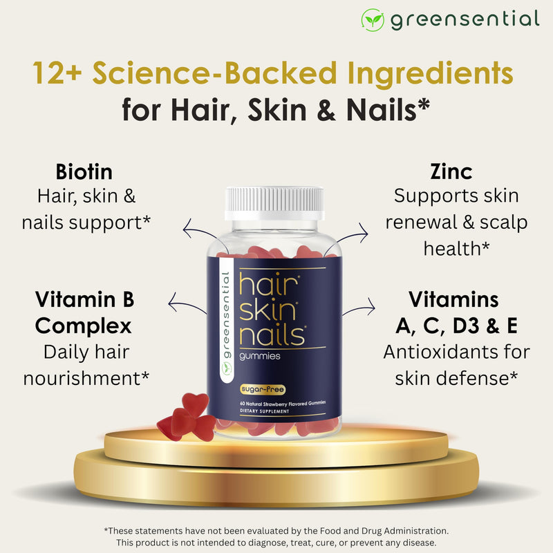 Greensential Hair, Skin & Nails Gummies - Complete Vitamin Complex with Natural Ingredients - Fuller Hair Support - No Artificial Colors, Natural Strawberry Flavor, Made in USA, 60 Ct