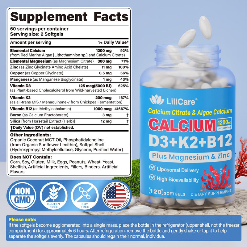 Calcium 1200 mg with Vitamin D3 K2 5000 IU Softgels Supplement for Women Men - Liposomal Calcium Citrate & Algae Calcium Magnesium Zinc + D3 K2 B12, Plant-Based Vegan Vitamin D, Boron for Bone, 2 Pack 120 Count (Pack of 2)