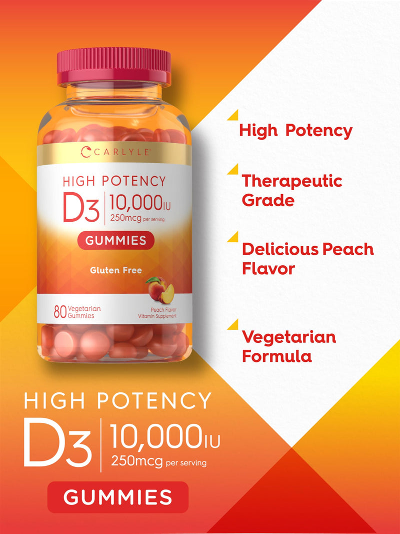 Vitamin D3 10000iu Gummies for Adults | 80 Count | Peach Flavored Gummy | High Potency For Women & Men | Vegetarian, Non-GMO, Gluten Free Supplement 80 Count (Pack of 1)