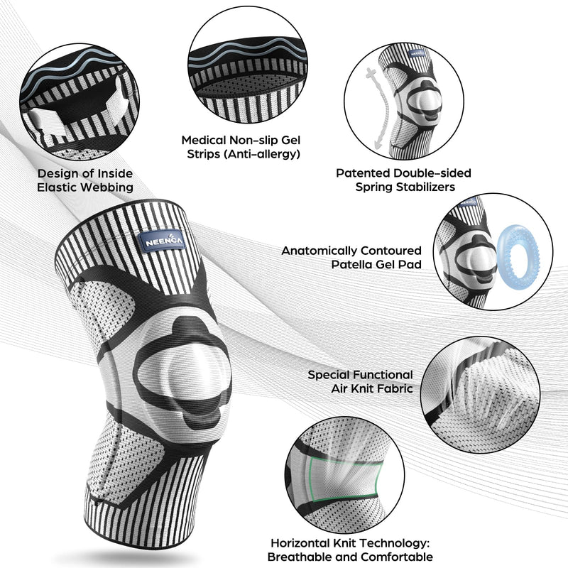 NEENCA Knee Brace for Knee Pain Relief, Medical Knee Support with Patella Pad & Side Stabilizers, Compression Knee Sleeve for Meniscus Tear, ACL, Arthritis, Joint Pain, Runner, Sport- FSA/HSA APPROVED Large Black-Gray