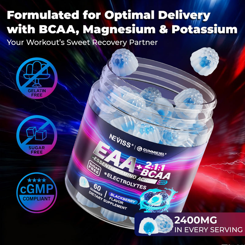 Essential Amino Acids Supplement for Women Men EAA BCAA Electrolyte Gummies | All 9 EAAs + BCAAs, Vegan, Branched-Chain Aminos Supplements Hydration Gummies Sugar Free, Raspberry Flavor, Non-GMO, 60ct 60 Count (Pack of 1)